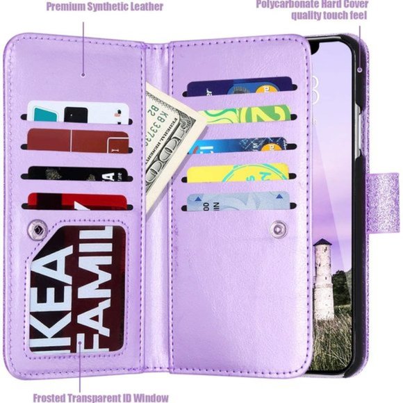 PHONE 11 6.1" GILTTER PURPLE FLIP WALLET WRIST STRAP CARD HOLDER - Picture 2 of 16